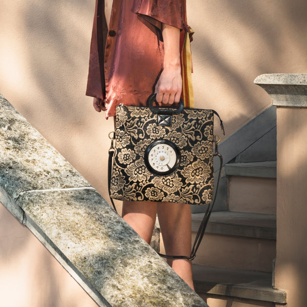 Emma phone bag raffia damascato nero